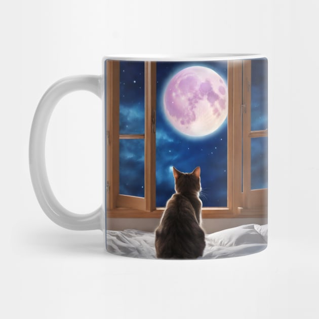 Cute Full Moon Night Sky Cat Looking Out Window by Tina
